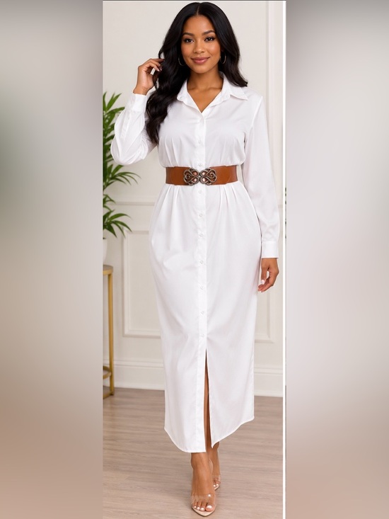 Unbranded Dresses & Skirts - Elegant White Long-Sleeve Button-Front Shirt Dress